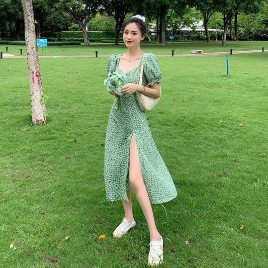 French Square Neck Floral Dress Women's Summer Style Korean Temperament Was Thin Split Puff Sleeve Skirt