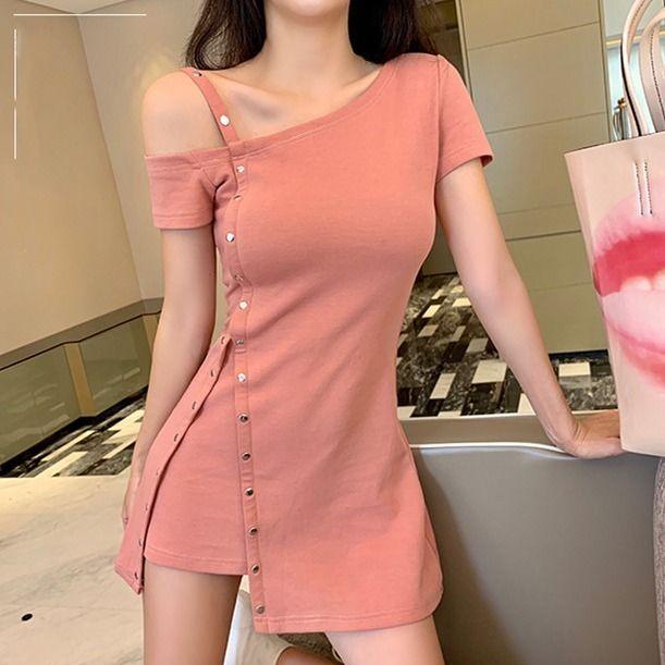 Women Cotton Oblique Shoulder Strap Dress Irregular Metal Buckle Slim Solid Color Bodycon Dress Female Mini Skirt Club Wear