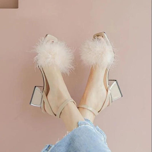 Hairy Sandals Female Summer Fairy Style Thick Heel Mid-heel Fashion High Heels