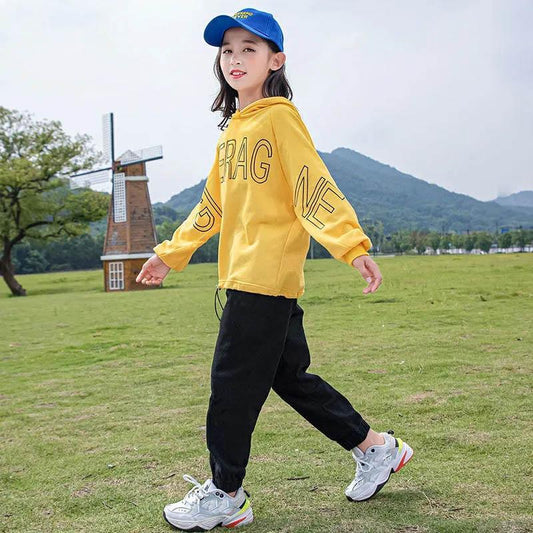 Girls Sweater Set Hooded Pullover Long Sleeve Sweater Casual Loose Pants Two Piece Set Spring and Autumn Children Sports Two Piece Set