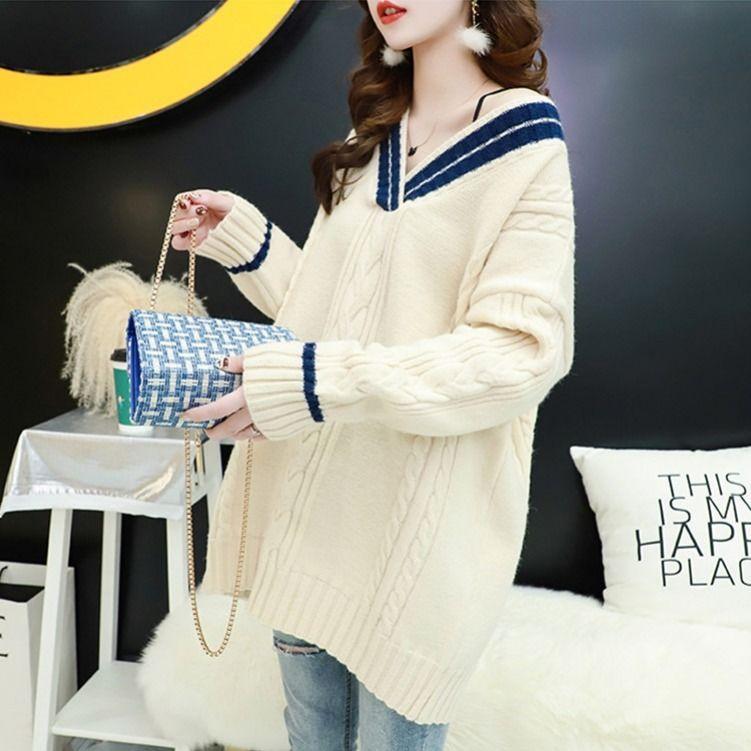 Women Loose Casual V-neck Knit Sweater Thick Warm Knitted Tops Outwear
