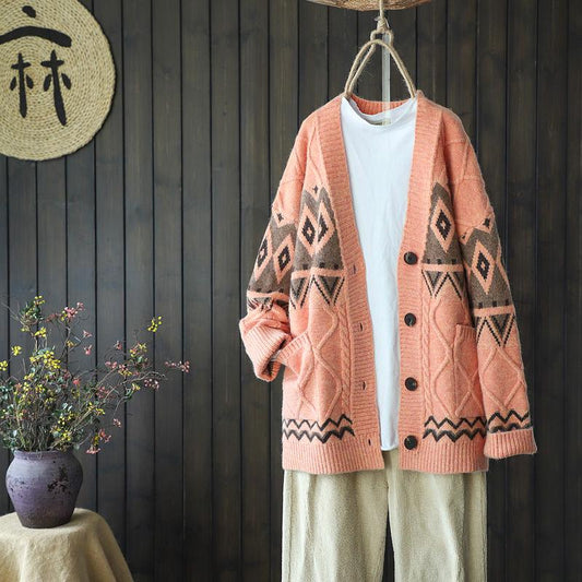 Vintage Jacquard Women Checked Sweater Loose Warm Knit Cardigan Jacket Outer Wear