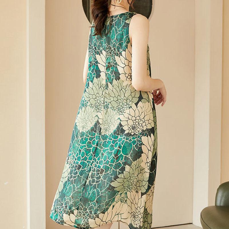 Women's Print Sleeveless Round Neck Dress Summer Loose Mid Length Skirt