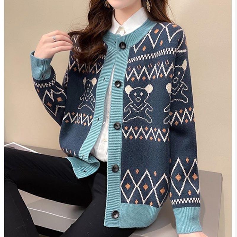 Bear Jacquard Sweater Jacket Women's Autumn and Winter Loose and Lazy Style Contrast Color Knitted Cardigan Top Trendy