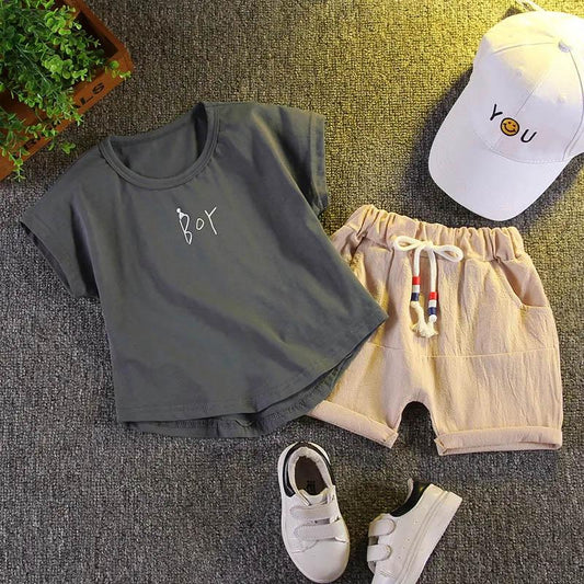 Boys' Pure Cotton Sweat-absorbent Breathable Soft Short-sleeved + Shorts Two-piece Summer Leisure and Comfortable Children's Suit