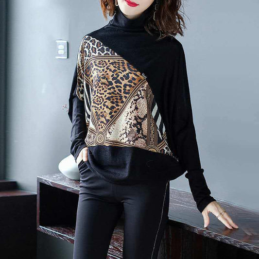 Leopard Sweater Ladies Pullover Bat-sleeve Imitation Wool Sweater Short Long-sleeve Bottom Loose Turtleneck Sweater Outwear