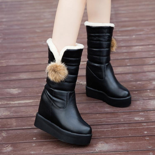Outdoor Waterproof Snow Boots Women Thick Non-slip Mid-calf Leather Boots Plus Velvet Warm Cotton Boots Thick-soled Wedge Increase Winter Boots