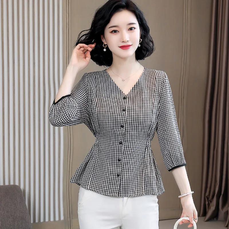 Women's Spring and Autumn Shirt V-neck Loose Plaid Short Top