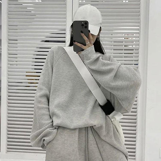 2PCS Waffle Sports and Leisure Suit Women's Autumn Large Size Loose Long-sleeved Sweater + Shorts Two-piece Suit Girls Athletic Jogging Clothing