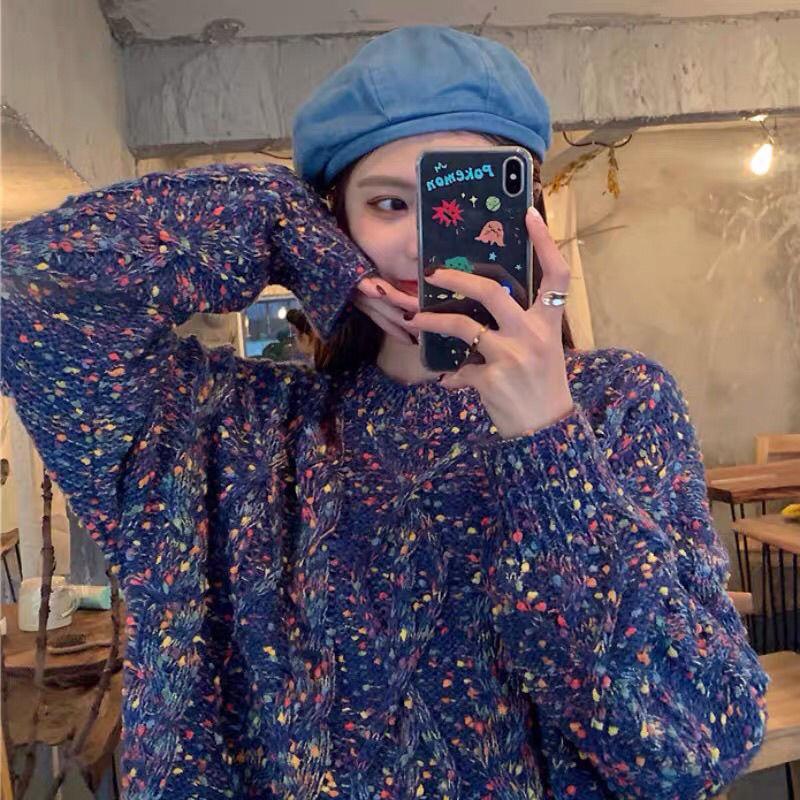 Autumn Winter Loose Sweater Women's Outer Wear Long-sleeved Thick Rainbow Round Neck Sweater Trend All-match