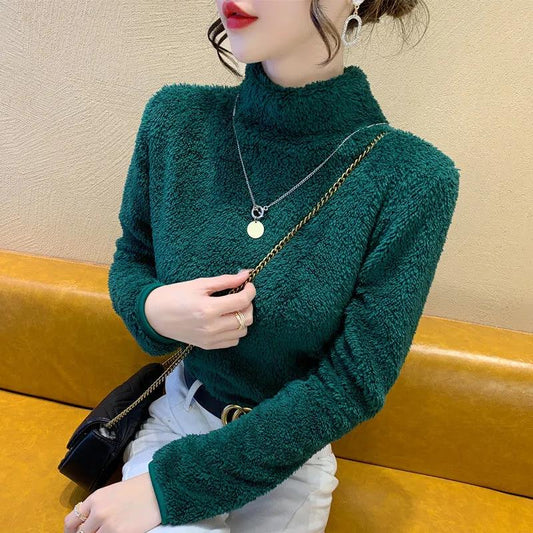 Double Sided Coral Fleece Turtleneck Bottoming Shirt Winter Fashion Warm Plush Top Solid Color Women's Pullover