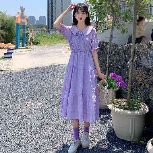 Cute Sweet Well-behaved Girl Solid Color Bow Ruffle Mid-length A-shaped Skirt Age Reduction Looser Short Sleeve Dress
