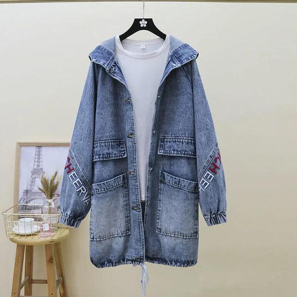 Women Spring Mid-length Denim Jacket Female Loose Versatile Autumn Large Size Hooded Casual Denim Coat