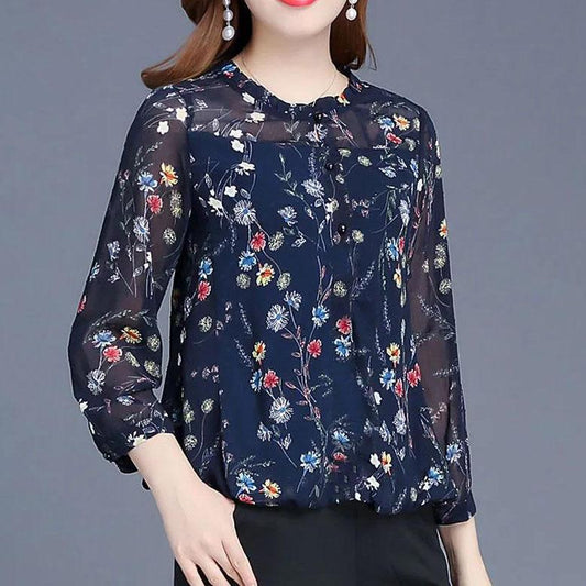 S-XXXXXL Chiffon Shirt Women's T-shirt Spring and Autumn Loose Tops Slim All-match Floral Bottoming Shirt