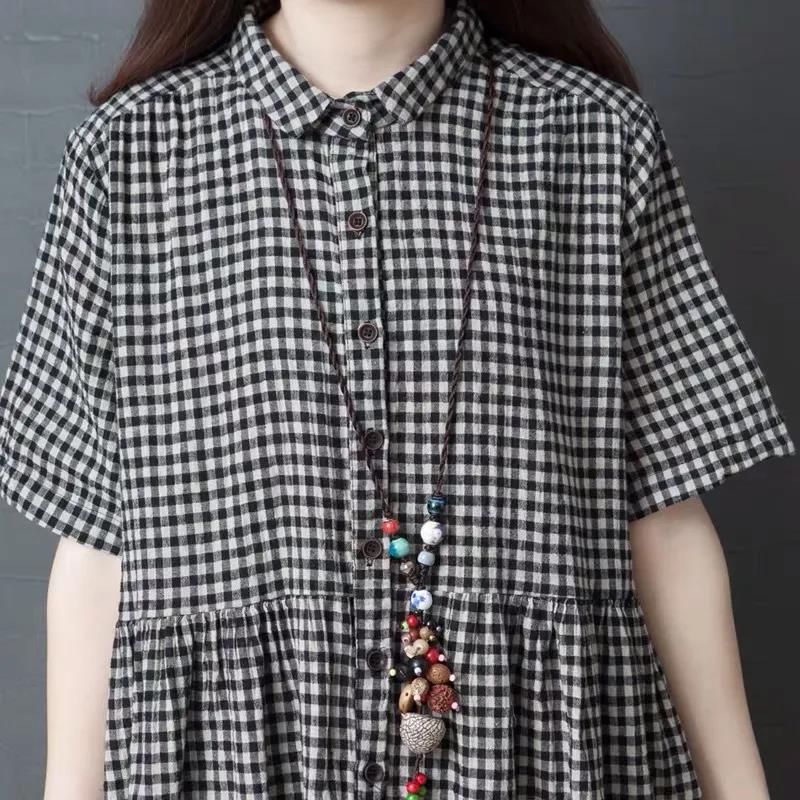 Cotton Literary Plaid Dress Women's Short-sleeved Summer Loose Large Size Was Thin Retro Mid-length Dress