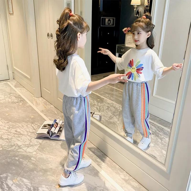 Girls Summer Casual Suit Korean Version Cute Print Round Neck Pullover Short-sleeved Trousers Casual Loose Sports Two-piece Suit