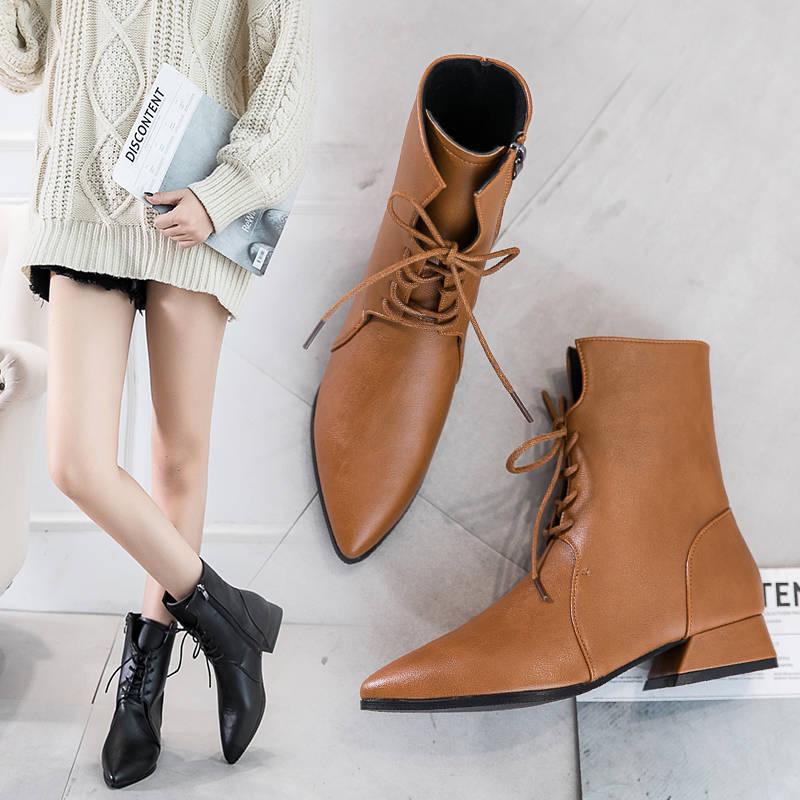 Fashion Ankle PU Women Basic Boots Pointed Toe Vintage Boots High Square Heel Slip-On Big Size Shoes
