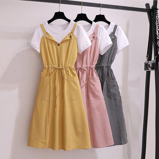 Women Summer Dress Mid-length Plaid Stitching Fake Two-piece Dress Female party Plus Size Dress with Pockets