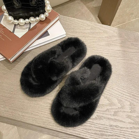 Fluffy Pink Slippers Fur Sliders Winter Women House Slippers Warm Flats Home Slippers Size 35-40 Fashion Cross Indoor Shoes