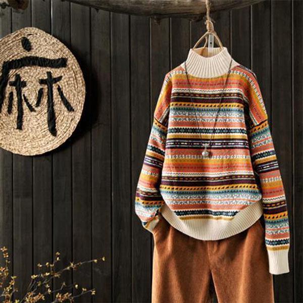 Round Neck Sweater Women Ethnic Style Vintage Thick Warm Knitted Sweater Loose Large Size Pullover Sweater Autumn and Winter