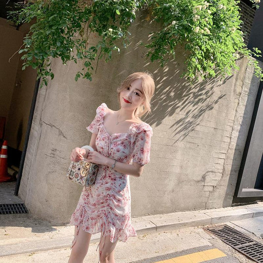 Women's Summer Ruffle Elegant Waist Slim Drawstring Printed Chiffon Short Floral Dress