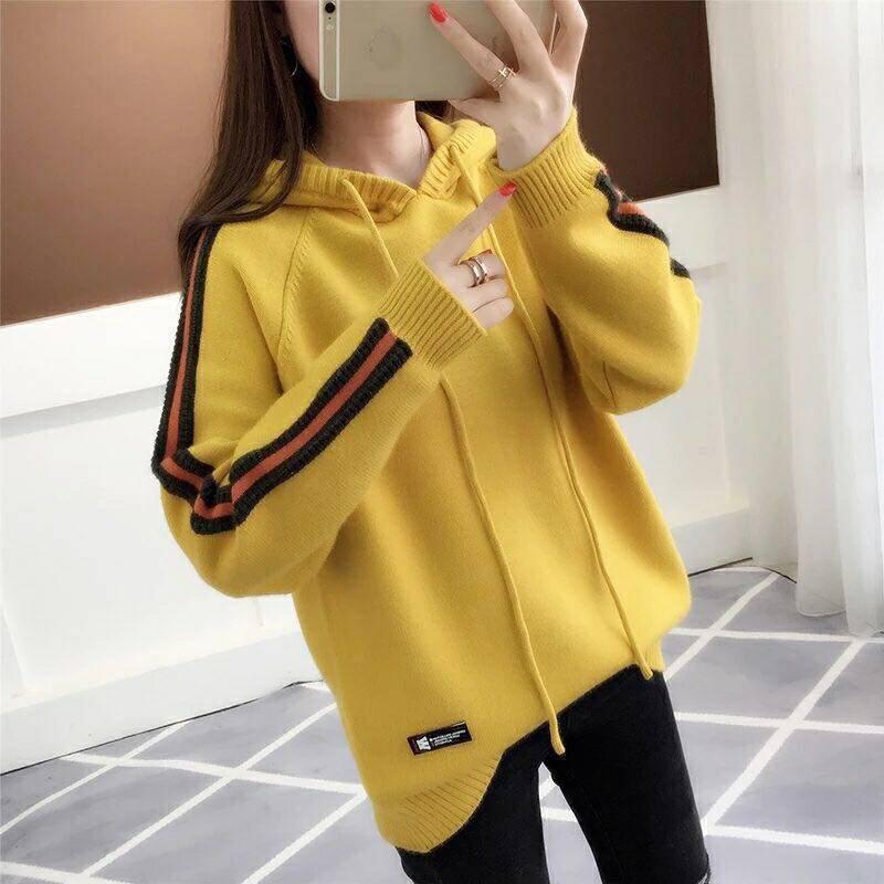 Winter Women Thick Warm Pullover Sweater Office Loose Knited Hooded Sweatshirt Drawstring Plus Size Sweater Outwear