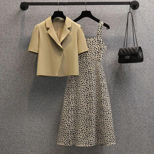 Plus Size Women's Short Sleeve Dress Set Women Summer Suit Floral Dress Suspender Blazer Two Pieces Sling Leopard Print Floral Top Skirt Set
