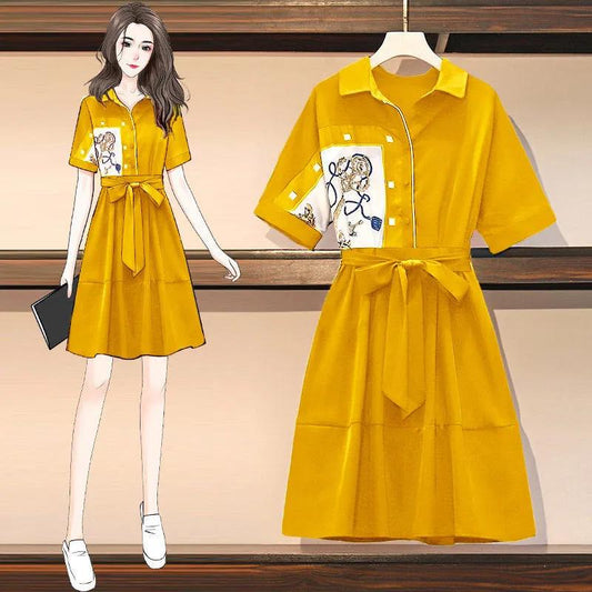 Women Summer Vintage High Waist Short Sleeve Dress Elegant Patchwork Print Mid-length Pleated Dress