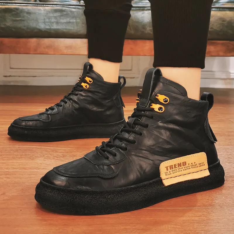 Summer Forest Wooden Men's Shoes Work and Labor Insurance High-top Leather Shoes Leather Casual Sneakers