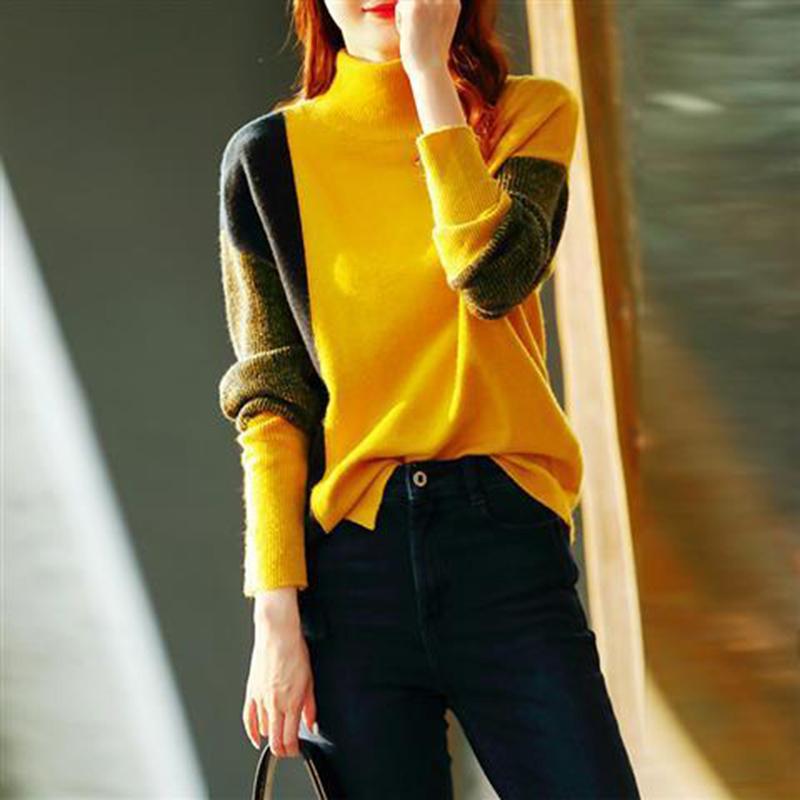 Turtleneck Color-blocking Split Sweater Women Autumn Winter Women's Clothing Loose-fitting All-match Bottoming Sweater