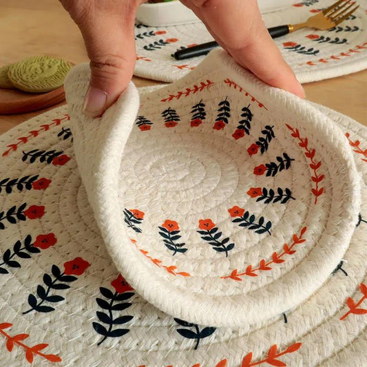 Cotton Hand-woven Printed Placemats Retro Country Style Round Coaster Insulation Mat Autumn and Winter Dining Table Mat