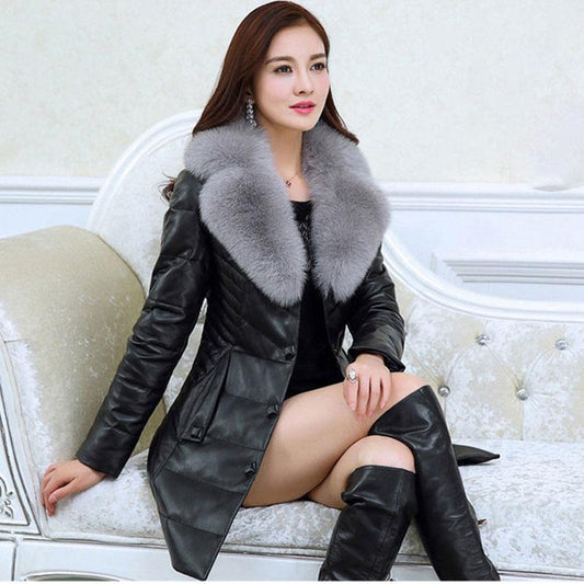 Winter Thick Leather Coat Slim Mid-length Windproof and Waterproof Leather Jacket with Fur Collar Plus Size Leather Trench Coat