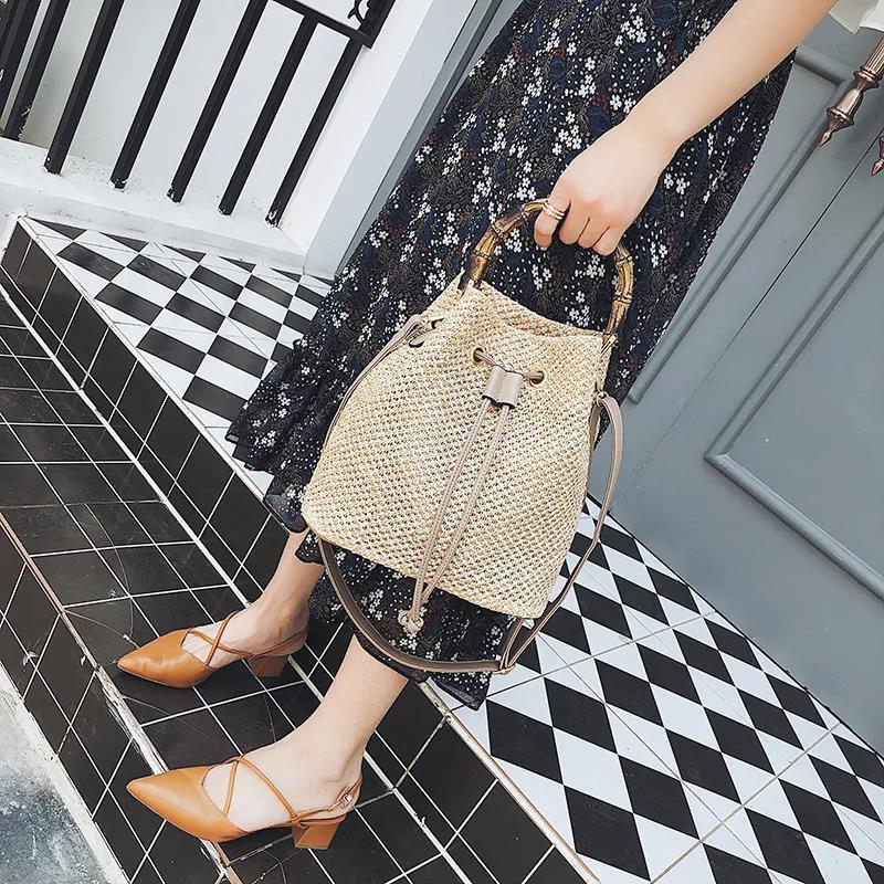 Handbag Women's Straw Woven Bucket Bag Summer Travel Beach Shoulder Messenger Bag