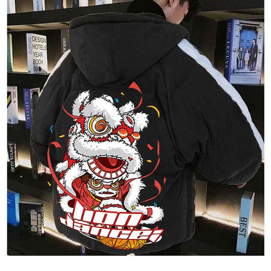 Autumn and Winter Plus Velvet Tide Cotton Coat Chinese Style Hip-hop Loose Trend Student Couple Clothes Hooded Jacket