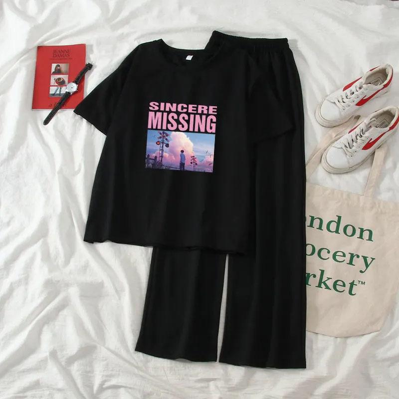 2PCS Women's Summer Casual Suit Comic Short-sleeved T-shirt + Loose Trousers Two-piece Sets Student Wide-leg Pants Suit