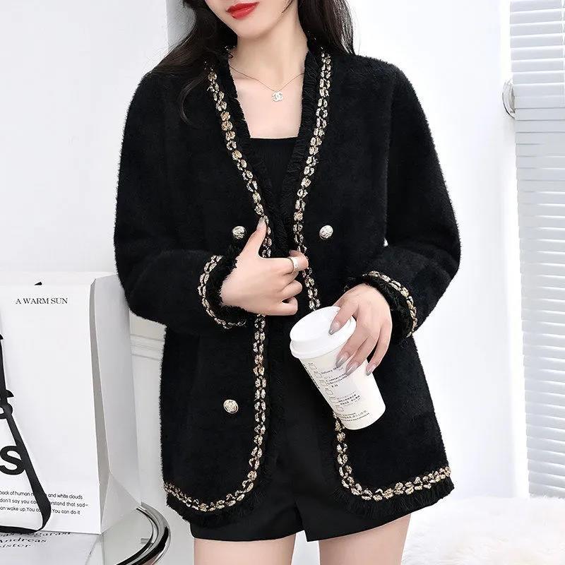 Imitation Mink Fleece Sweater Coat Cardigan Women's Spring and Autumn Style All-match Western Style Small Fragrance Knitted Top