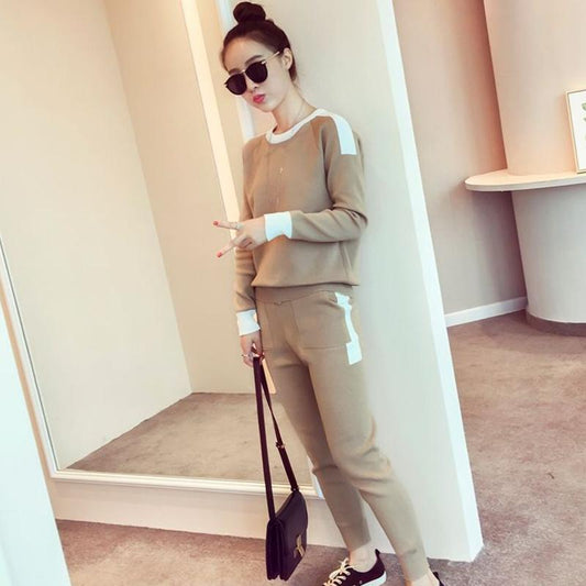 2pcs/set Women Outfits Soft Knit Suit O-neck Pullover Sweater and High Wasit Knitted Pants Two Piece Set Tracksuits