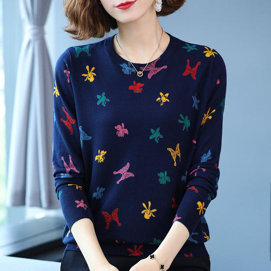 Autumn Women's Tops Pullover Sweater Butterfly Printing Loose Large Size Base Sweater