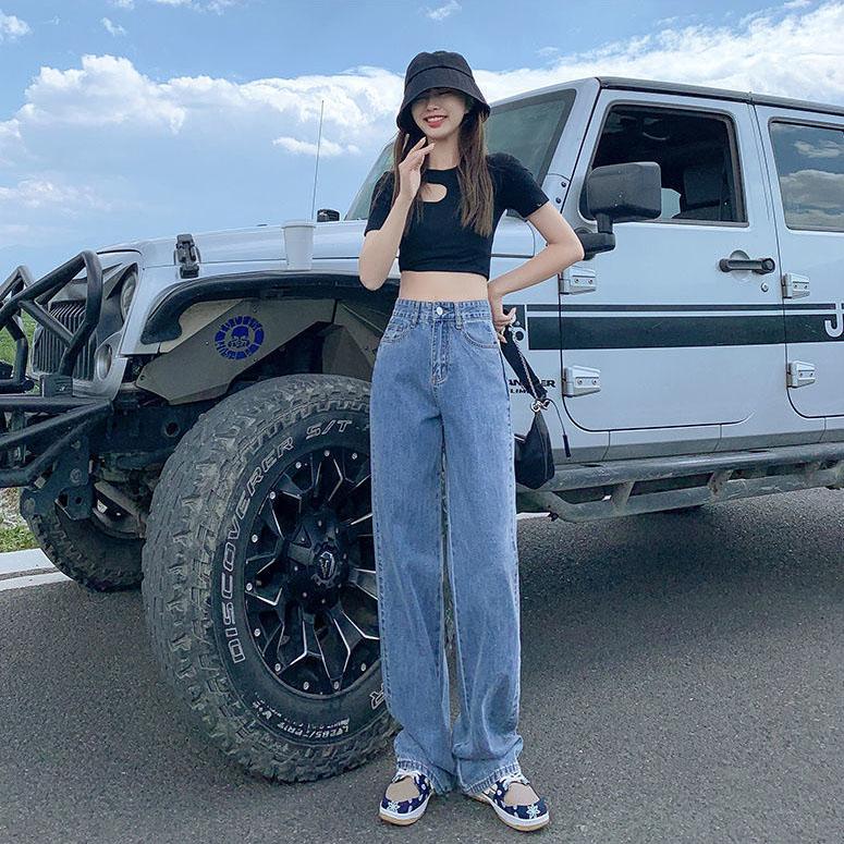 Wide Legs and High Waist Jeans for Woman Loose Straight-leg Trousers Denim Pants Blue Thin Jeans Summer