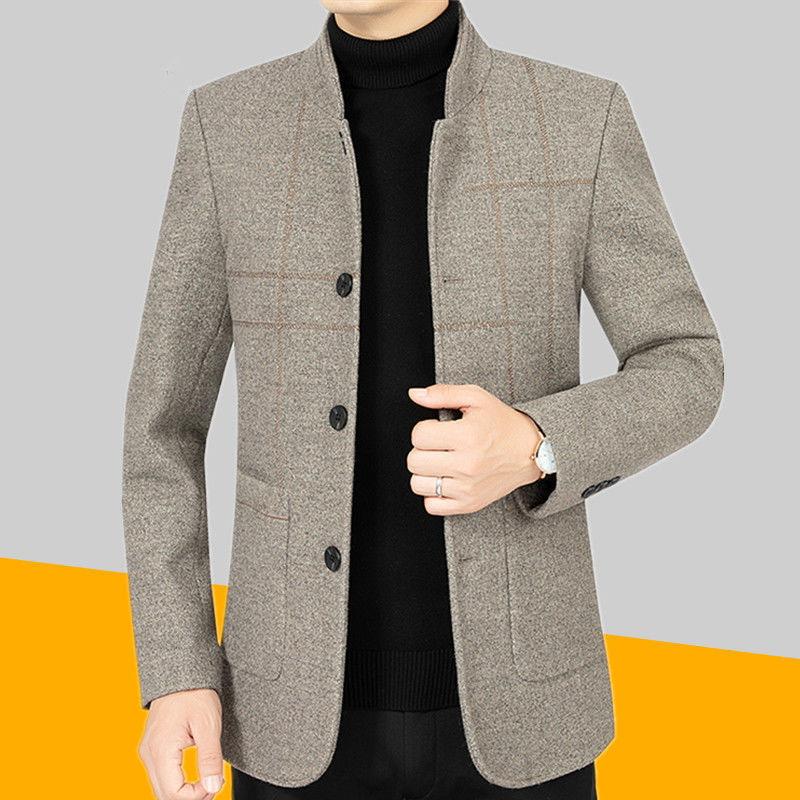 Middle-aged Men's Jacket Autumn and Winter Thick Woolen Coat Woolen Woolen Winter Warm Standing Collar Jacket