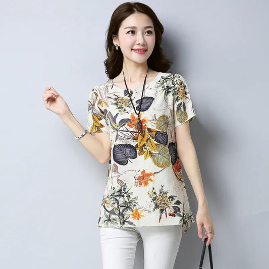 Women's Summer Loose Large Size Round Neck All-match Short Sleeve Floral Top