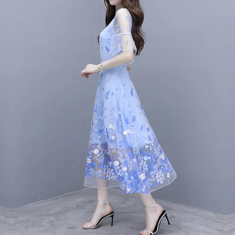 Women's Embroidery Blue Dress Super Fairy Long Fairy Skirt High-end Mesh Skirt Chiffon A-line Floral Dress Fabric Lightweight and Breathable