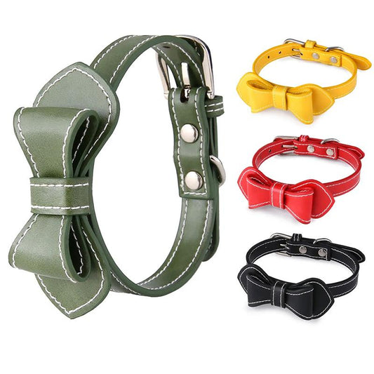 Pet Cat Dogs Cute PU Bow Tie Collar Small Dog Teddy Bichon Walking Collar Solid 4 Colors Adjustable Size Neck Decor Pet Bowtie Necklace Kitten Collar