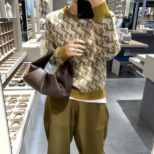 Autumn Winter Jacquard Long-sleeved Round Neck Pullover Sweater Knit Sweater Women Loose Padded Bottoming Shirt
