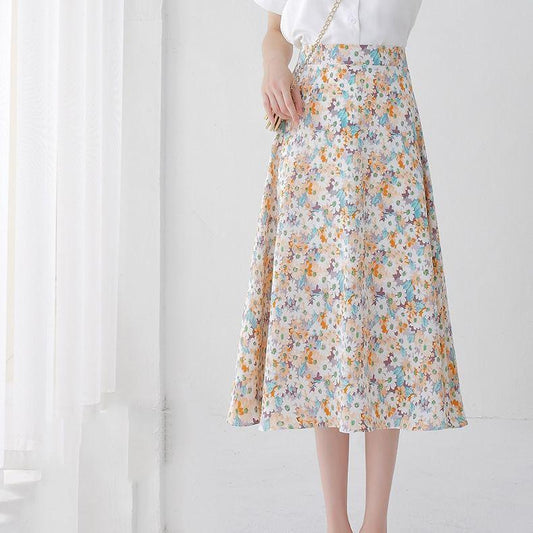 Women Summer Vintage Chiffon Floral Print High Waist Slim Versatile Elastic Waist A-line Holiday Long Skirt