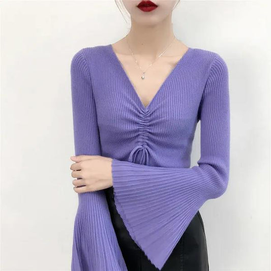Early Autumn High-end Sweater Women's V-neck Drawstring Long-sleeved Pleated Flared Sleeve Sweater Top Bottoming Shirt