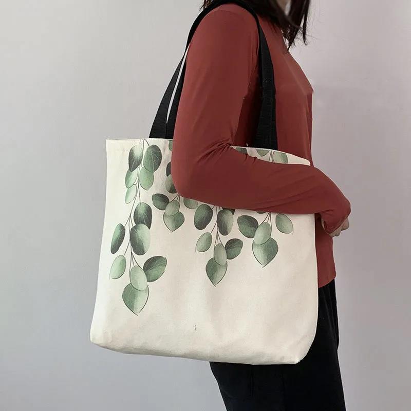 Leaf Pattern Women Canvas Bags Travel Casual Large Daily Shoulder Tote Shopper Handbag Simple Hobo Bags Simple Style