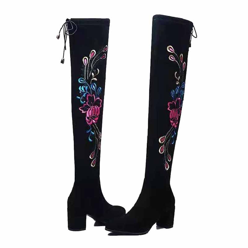 Children's Over-the-knee Boots, Ethnic Embroidery Boots, Thick-heeled Round-toe Elastic Suede Boots