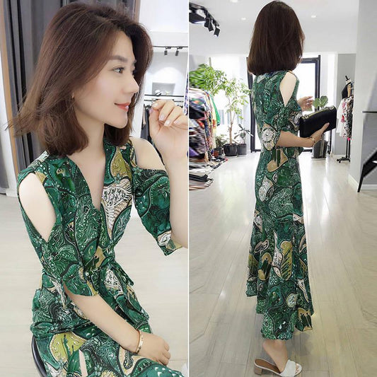 Women Bohemian Floral Dress Off Shoulder V-neck Chiffon Dress Party Beach Long Maxi Dress