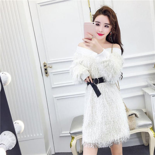 Autumn Celebrity Fashion Dress V-neck Strapless Fringed Blouse Waist Loose Long-sleeved Sweater Women